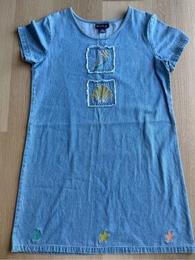 Blue J. Blue Denim Shift Midi Dress Embroidered Seashell Pockets Scoop Neck M